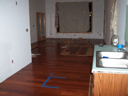 5" prefinished santos mahogany installation job site